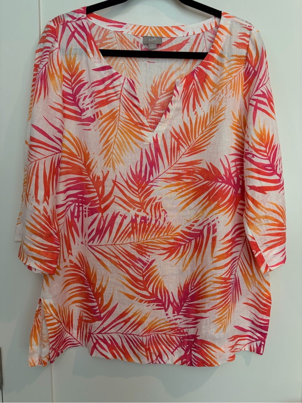 J. Jill 100% Linen Tropical Palm Print Tunic Top Medium Pink Orange White - Picture 2 of 10